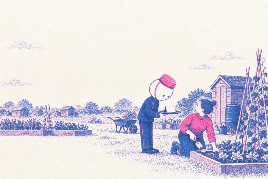 An allotment on a pale day: the page bends to hold out its tray with a folded card to a woman kneeling at a raised bed, trowel in hand.
