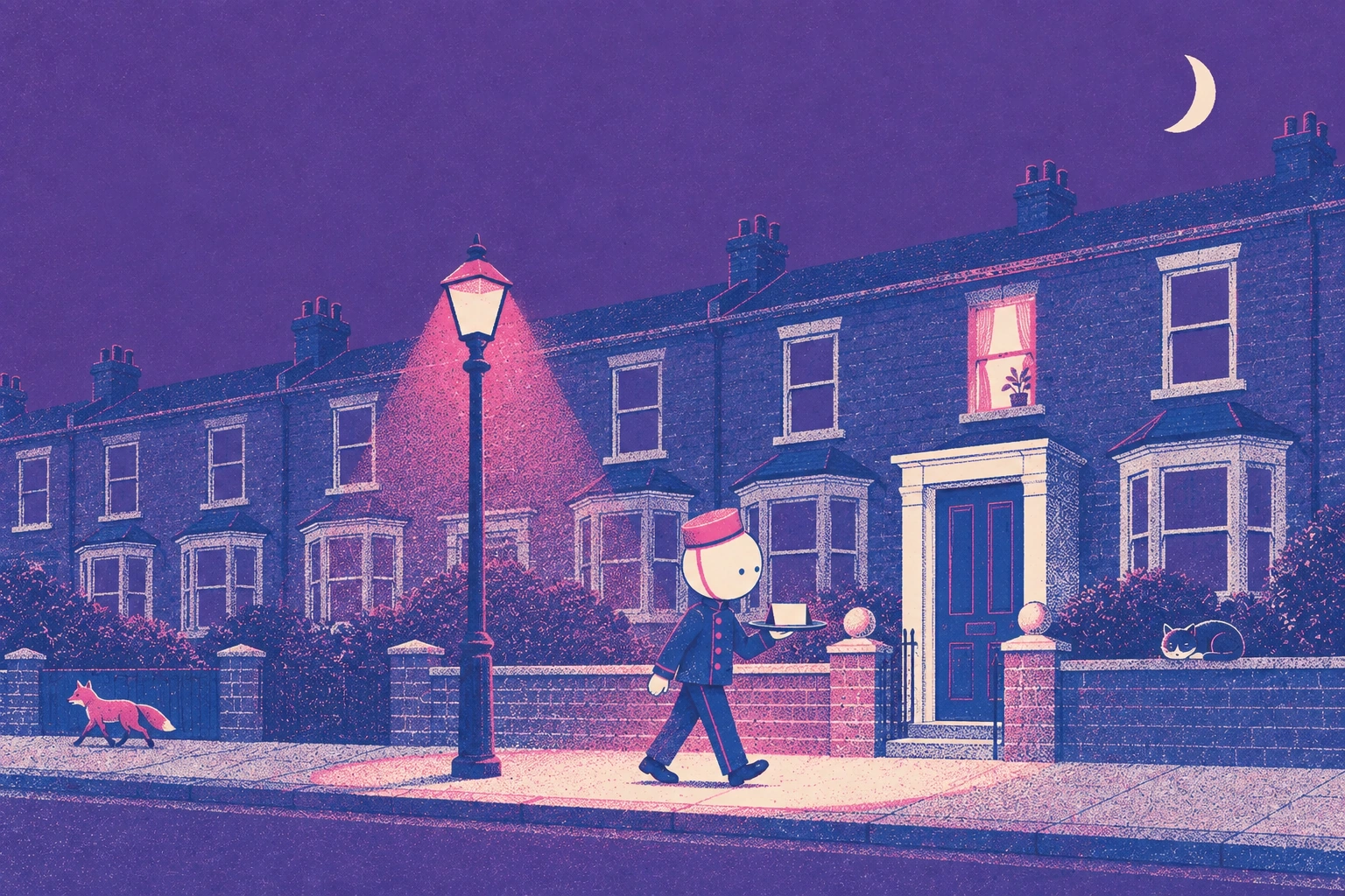Night on a terraced street: under a street lamp, the page walks up to a front door carrying a folded card on its tray. A fox trots past.