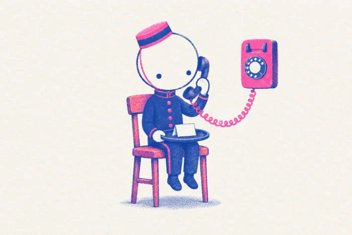 The page sits on a pink chair with a telephone receiver to its ear, the tray resting on its knees.