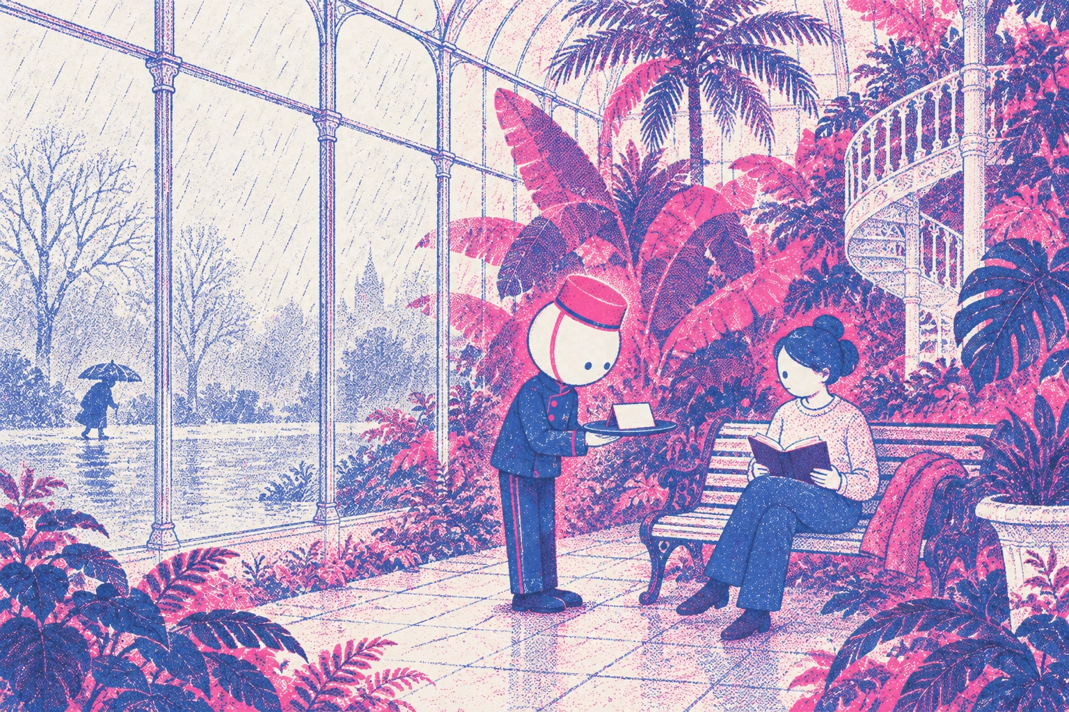 Riso print in pink and blue: a palm house in the rain. A small page in a pink pillbox hat holds out a tray with a folded card to a woman reading on a bench.