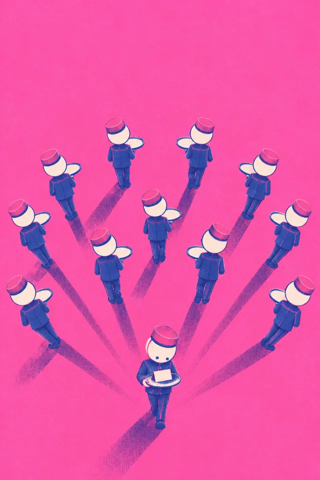 Poster on flat pink: a dozen pages walk out in every direction with empty trays, and one walks back with a folded card.